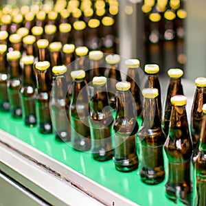 Brown bottles on conveyor belt in industrial factory. AI Image