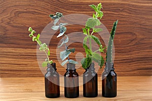 Brown Bottles of essential oil with fresh herbs