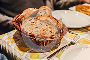 Brown bread basket on table
