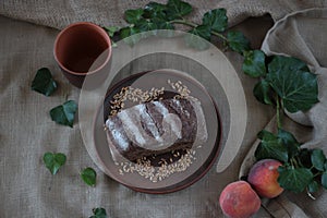 Brown bread on burlap background