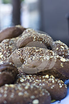 Brown bread cereals outdoor on the blue table