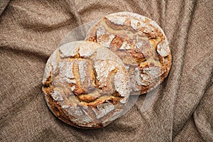 Brown Bread Rustic Linen Background Top Down View