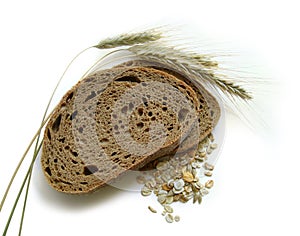 Brown bread, rye ears (spikes) and corn