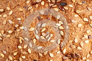 a brown bread with seeds close up macro. background texture