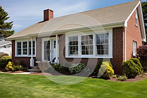 brown brick cape cod house with white window frames