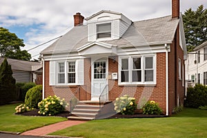 brown brick cape cod house with white window frames