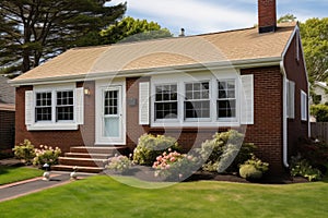 brown brick cape cod house with white window frames
