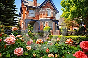 a brown brick victorian home with a rose garden