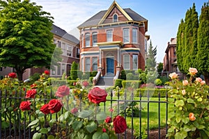 a brown brick victorian home with a rose garden