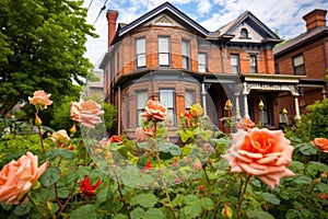 a brown brick victorian home with a rose garden