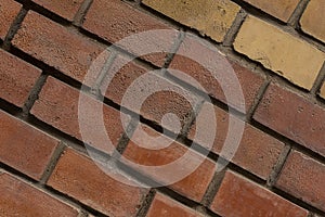 Brown brick wall sloping row stone part of the facade of the house close-up base of urban grunge base design