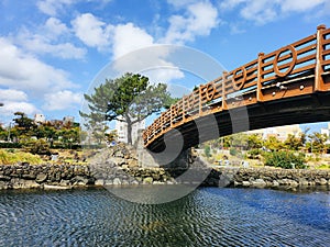 Brown bridge in a small town