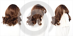 Brown brunette short curl  hair wig on mannequin head over white background , set of three