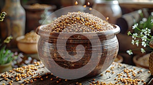 brown buckwheat dish cooking in pottery