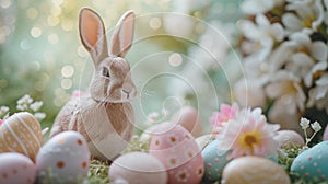 Brown Bunny With Easter Eggs and flowers