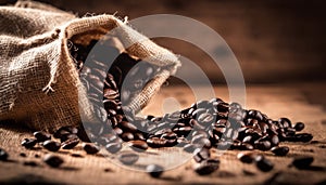 A brown burlap bag filled with coffee beans