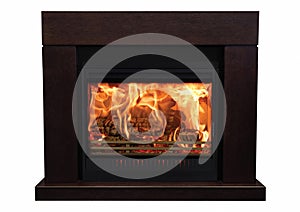 Brown burning fireplace isolated on white background