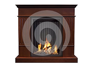 Brown burning fireplace isolated on white background