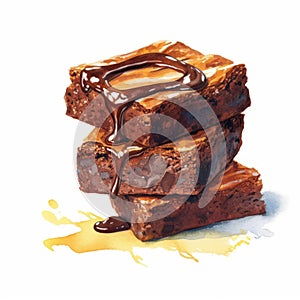 Realistic Watercolor Brownies With Syrup On White Background photo