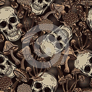 Brown camouflage pattern with skulls, mushrooms