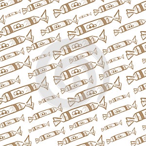 Brown candy pattern, vector seamless pattern, candy sketch, brown shades drawn on a white background.