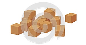 Brown cane refined sugar pieces, cube blocks. Stacked lumps, sweet ingredient pile, heap. Flat cartoon vector