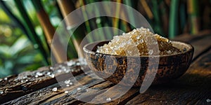 Brown cane sugar in a wooden bowl against a background of sugar cane. Generative AI