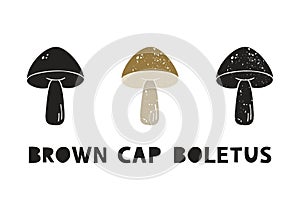 Brown cap boletus, silhouette icons set with lettering. Imitation of stamp, print with scuffs. Simple black shape and color vector