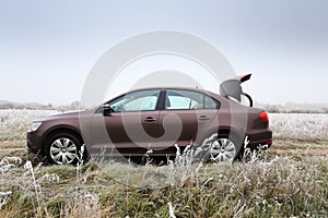 Brown car with open trunk