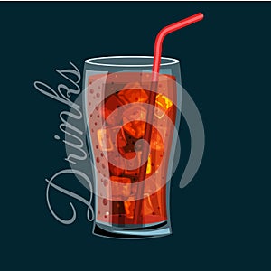 Brown carbonated soft drink in a glass, Does not contain alcohol, Cold with ice and a straw in a glass bowl Vector