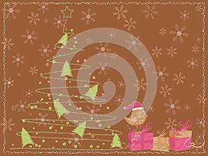 Brown card with a christmas tree, a bird and gifts