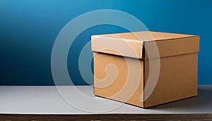Brown cardboard box on blue background. Mock up. Packaging for delivery. Eco package