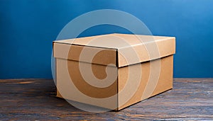 Brown cardboard box on blue background. Mock up. Packaging for delivery. Eco package