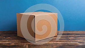 Brown cardboard box on blue background. Mock up. Packaging for delivery. Eco package