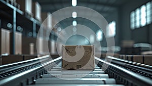Brown Cardboard Box on Conveyor Belt in Warehouse Environment