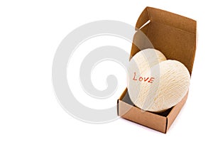 Brown cardboard box with heart beat on white background special for gift. picture used design. valentine for background