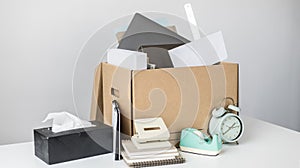 Brown cardboard box inside contains office equipment and resignation envelopes