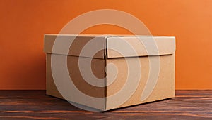 Brown cardboard box on orange background. Mock up. Packaging for delivery. Blank template