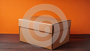 Brown cardboard box on orange background. Mock up. Packaging for delivery. Blank template