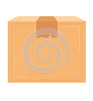 Brown cardboard box sealed with tape, fragile symbol on side. Package ready for shipping or storage. E-commerce and