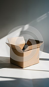 Brown cardboard box sits against white backdrop, casting subtle shadow