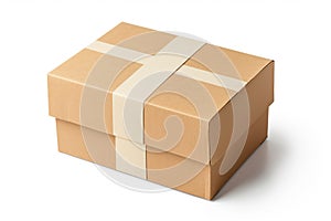 A brown cardboard box with a white ribbon and a white background