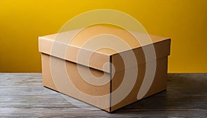Brown cardboard box on yellow background. Mock up. Packaging for delivery. Blank template