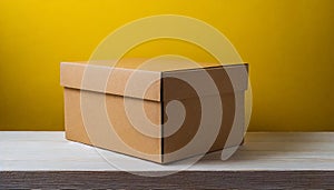 Brown cardboard box on yellow background. Mock up. Packaging for delivery. Blank template