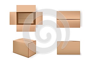 Brown cardboard boxes set. Carton package 3d mockup design vector illustration. Open, closed delivery parcels on white