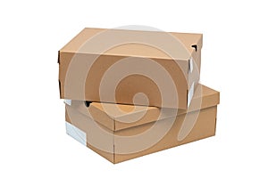 Brown cardboard shoes box with lid for shoe or sneaker product packaging mockup, isolated on white with clipping path