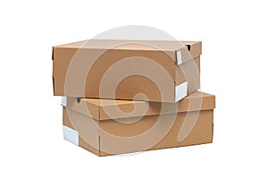 Brown cardboard shoes box with lid for shoe or sneaker product packaging mockup, isolated on white with clipping path