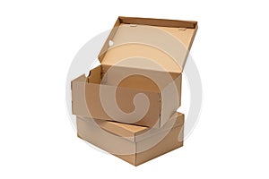 Brown cardboard shoes box with lid for shoe or sneaker product packaging mockup, isolated on white with clipping path