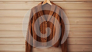 a brown cardigan sweater hanging on a wooden hanger. generative ai