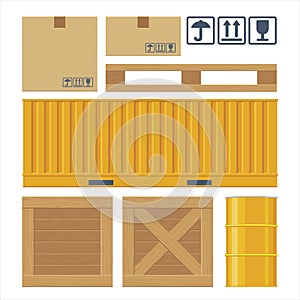 Brown carton packaging box, pallet, yellow container